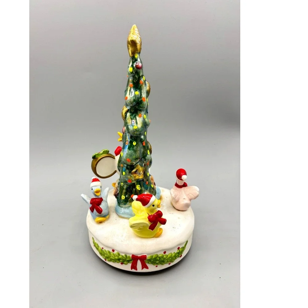 Vintage Christmas Music Box Wind Up Goose Ceramic Rotating Tree Cottage Ducks